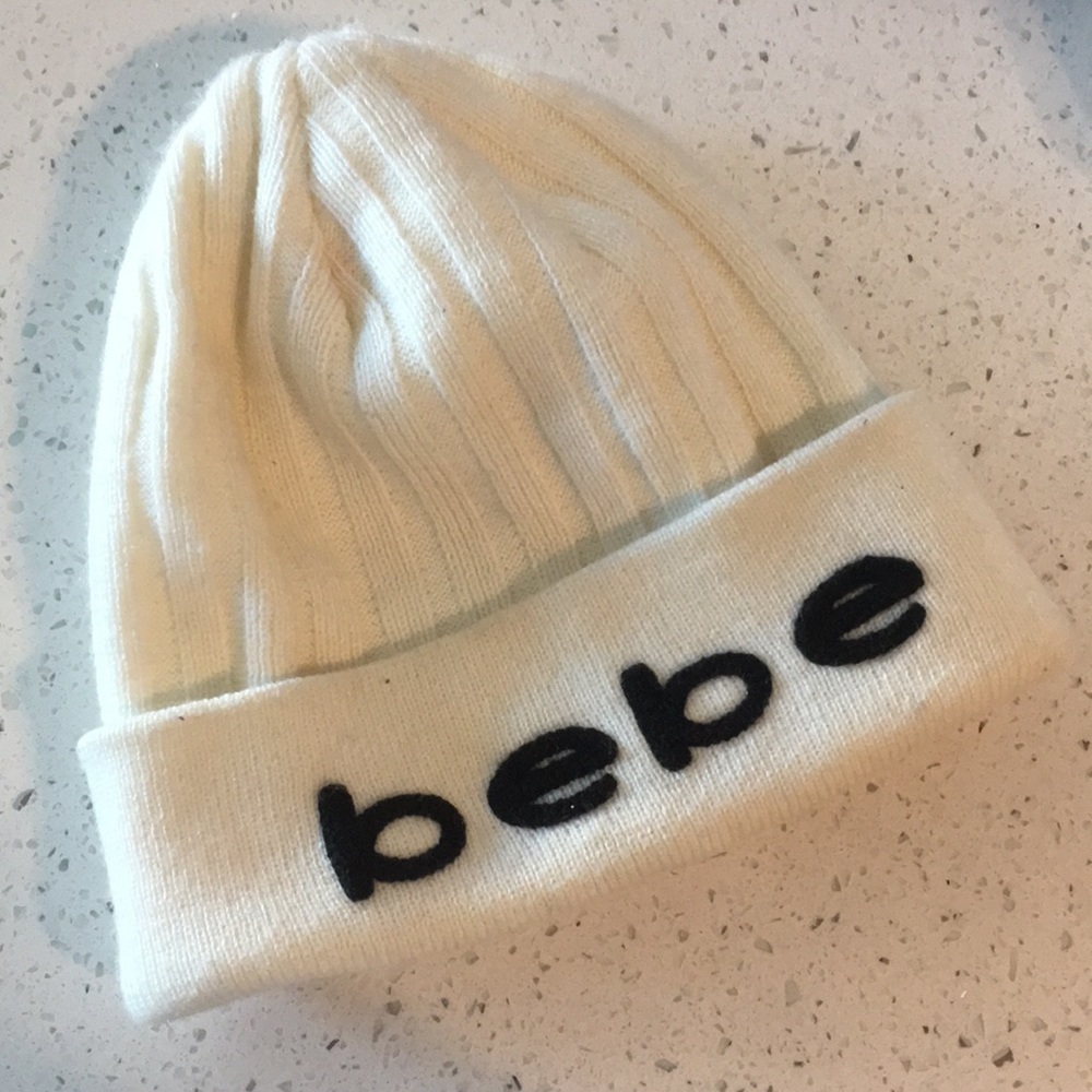 BEBE logo Ivory beanie winter cap